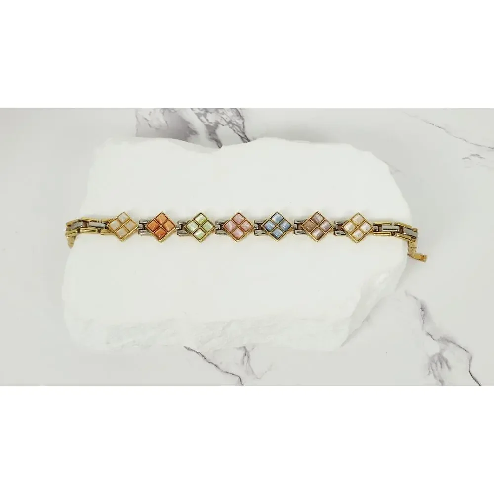 Vintage Retro Pastel Mosaic Cat's Eye Diamond Panel Link Bracelet 7.5